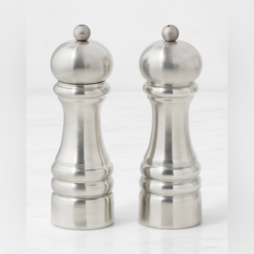 Williams Sonoma Polished Pewter 6" Salt and Pepper Mills Set, NIB, Retail $249